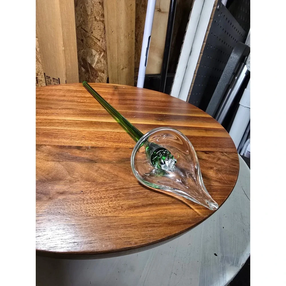 Vintage Hand Blown Art Glass Calla Lily Flower Green Stem Clear Bloom Decor